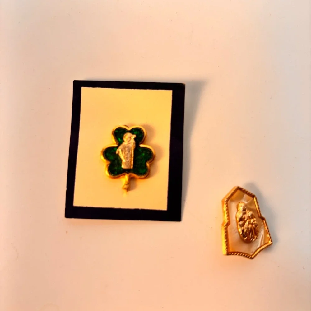 Vintage Religious Pin Set Gold Green Saint Patrick Mother Mary Catholic Jewelry
